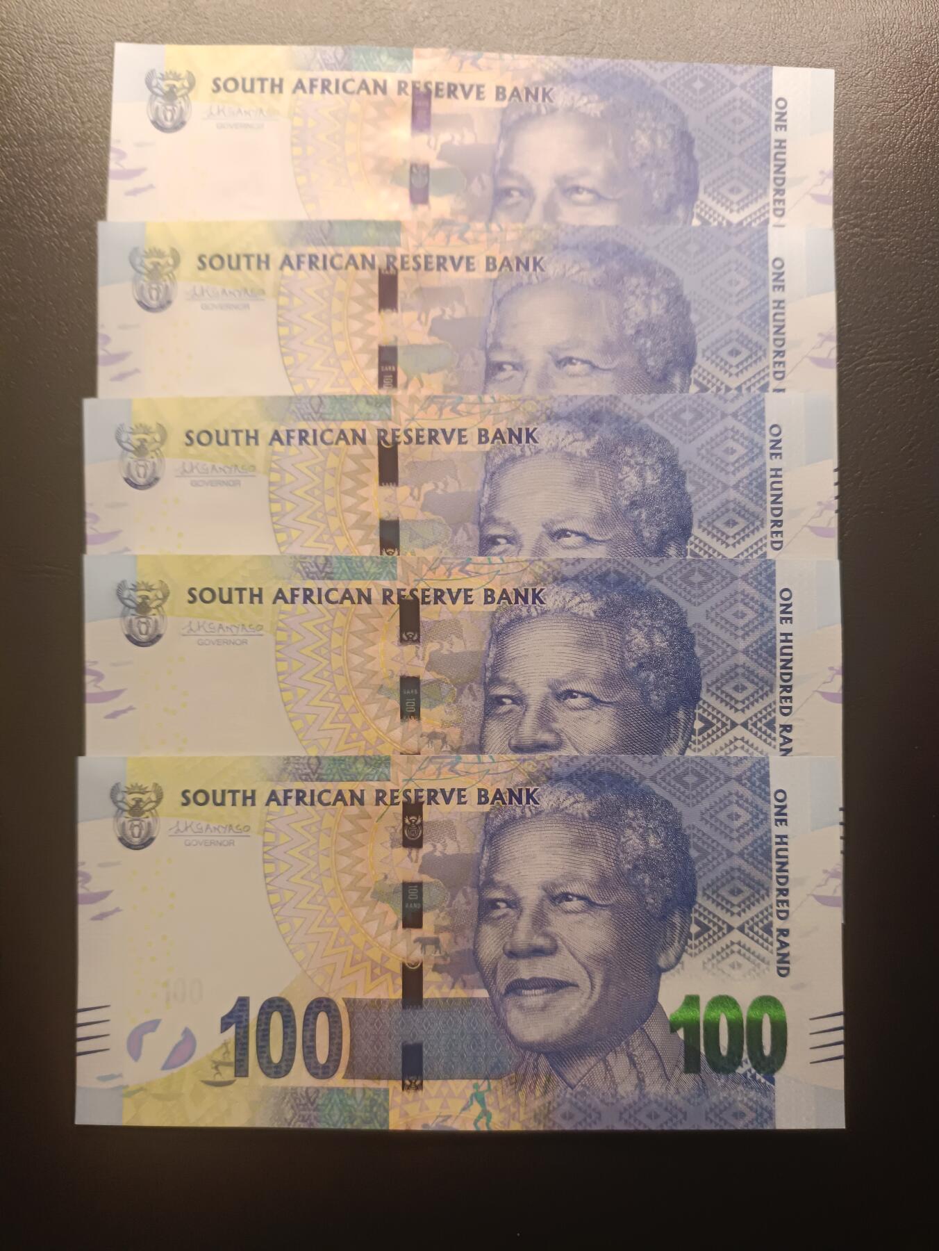 2025十二月第一期，总206期 南非2014版100兰特UNC批量五张，曼德拉和非洲野牛