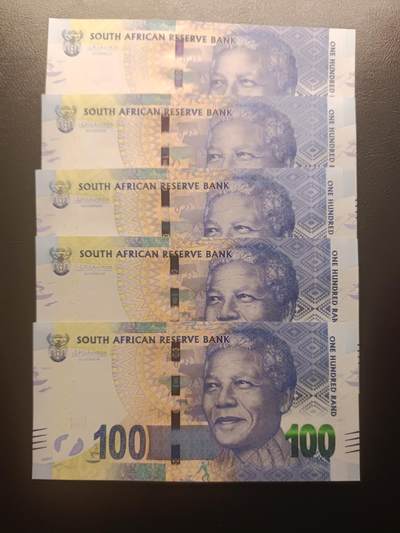 2025十二月第一期，总206期 - 南非2014版100兰特UNC批量五张，曼德拉和非洲野牛