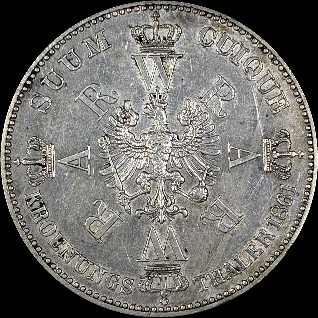 【雨安】【直播拍卖】【世界币章118期-裸币】2025-12-05 周五 19:30 保真 [裸币德国] Germany 德国 德意志 1泰勒 Prussia普鲁士 Thun.265, KM# 488 (1861) 威廉一世.登基 1861年