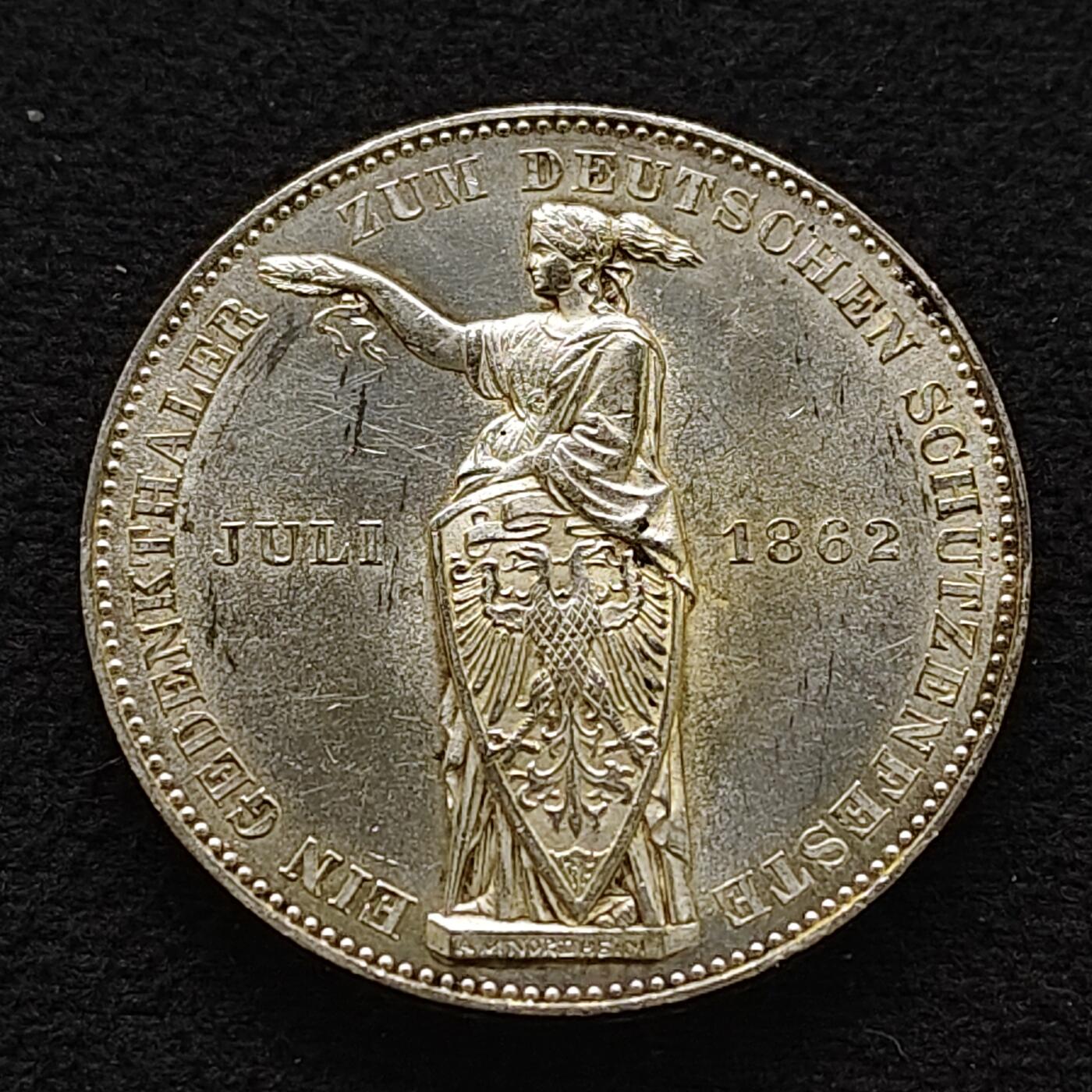 【全场包邮】纯粹捡漏拍483场（免费代拍第20场） 德国法兰克福1862年1泰勒射击节纪念银币