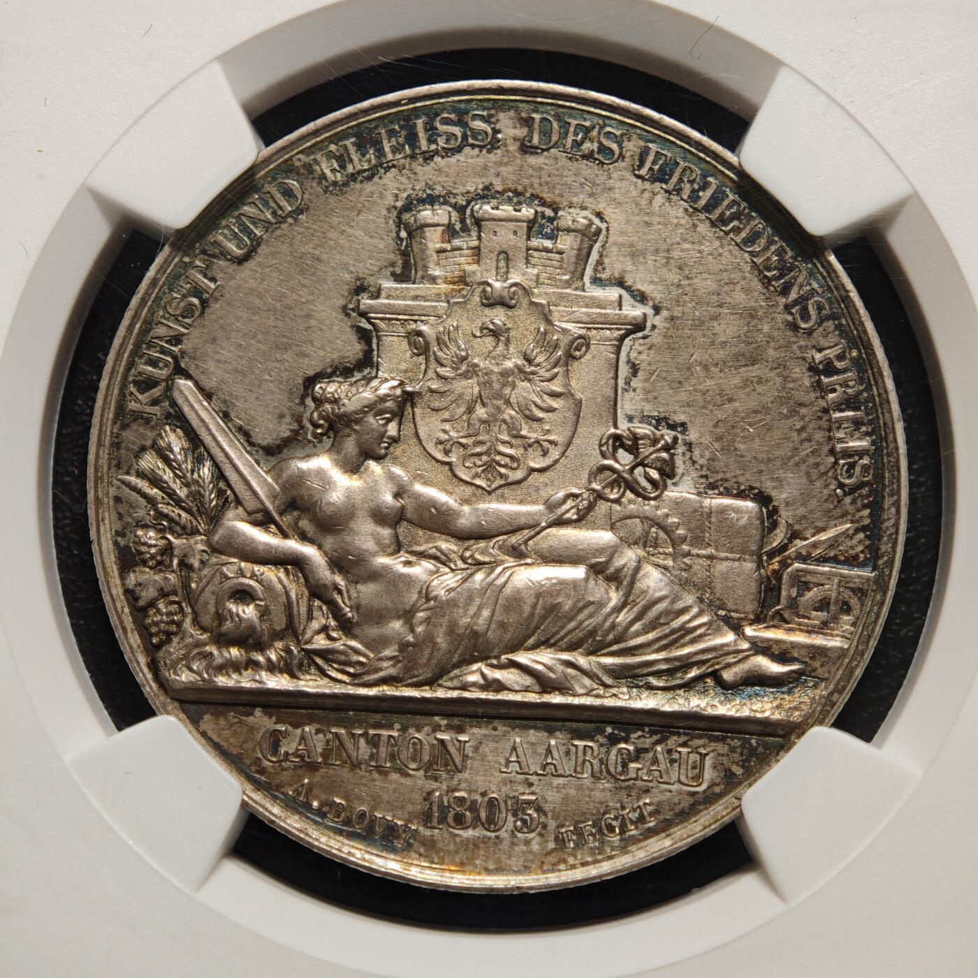 【德藏】世界币章拍卖第156期（拍品征集中~欢迎藏友联系） 1849年 瑞士阿尔高阿劳射击节纪念银章 NGC UNC 细节丰富且细腻 设计感极强