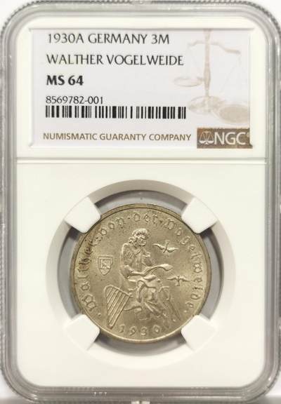 博洋堂世界钱币拍卖第150期（全场包邮） - NGC MS64 德国魏玛1930年弗洛尔瓦伊德3马克银币