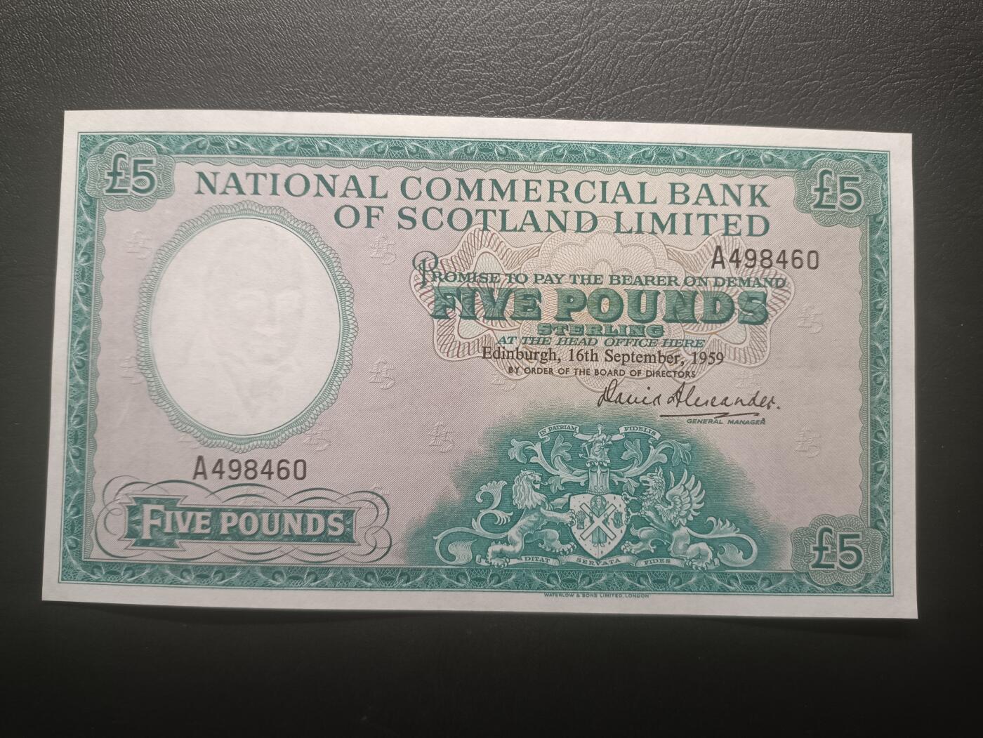 2025十二月第一期，总206期 苏格兰国家商业银行1959年5镑A冠AUNC，银行徽章和福斯铁桥，早期已停业银行少见中高面值