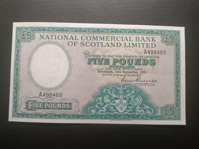2025十二月第一期，总206期 - 苏格兰国家商业银行1959年5镑A冠AUNC，银行徽章和福斯铁桥，早期已停业银行少见中高面值