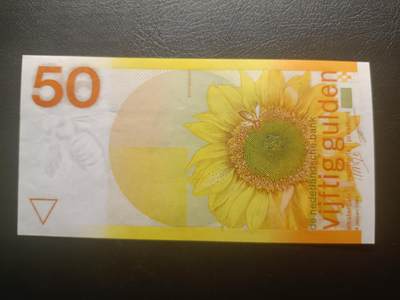 2025十二月第一期，总206期 - 荷兰1982版50盾UNC-左上角有油印，荷兰盾三剑客之一的向日葵图案
