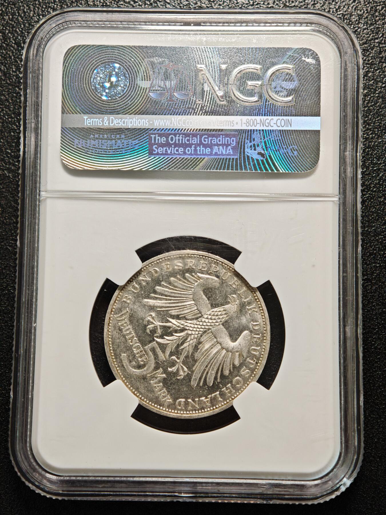 【德藏】世界币章拍卖第156期（拍品征集中~欢迎藏友联系） 1955年 德国诗人席勒逝世150周年5马克纪念银币 NGC MS62 状态极佳 原光十足