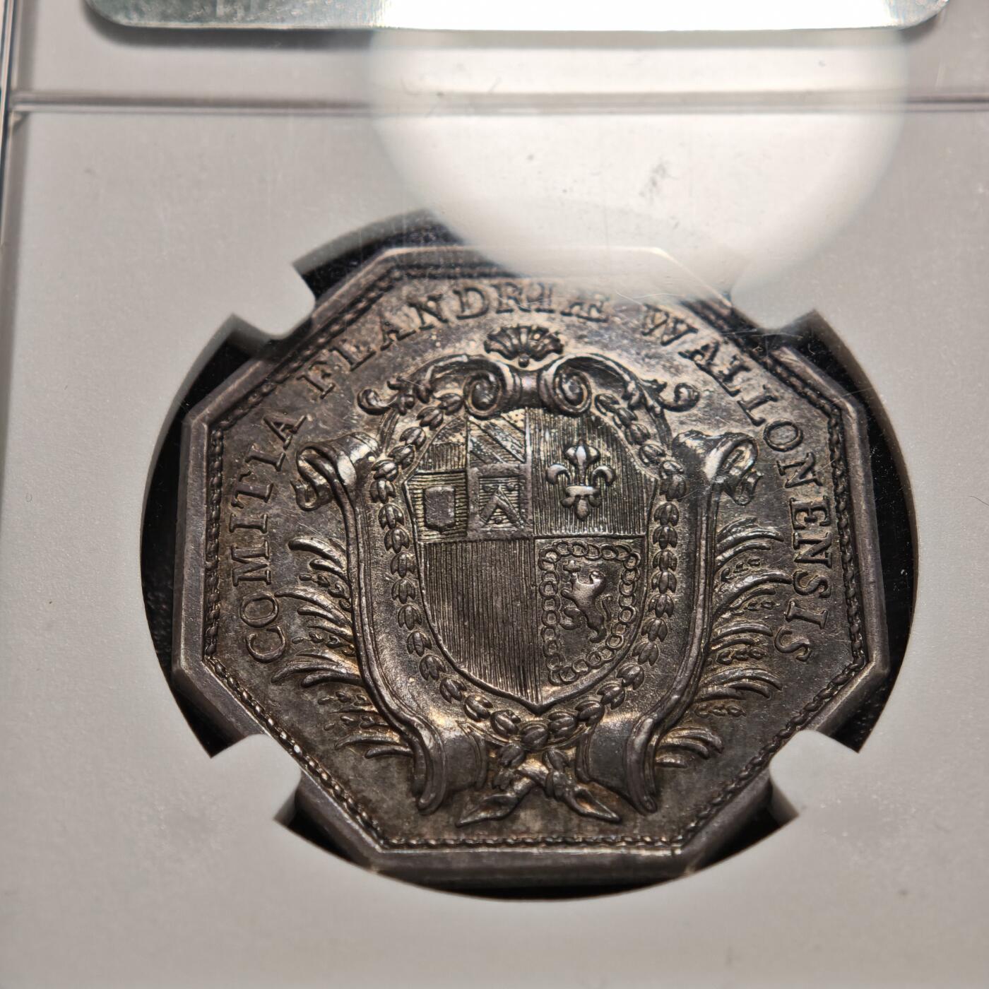 【德藏】世界币章拍卖第156期（拍品征集中~欢迎藏友联系） 19世纪 法国威尔士与佛兰德八角代用币银章 NGC AU53 原味包浆