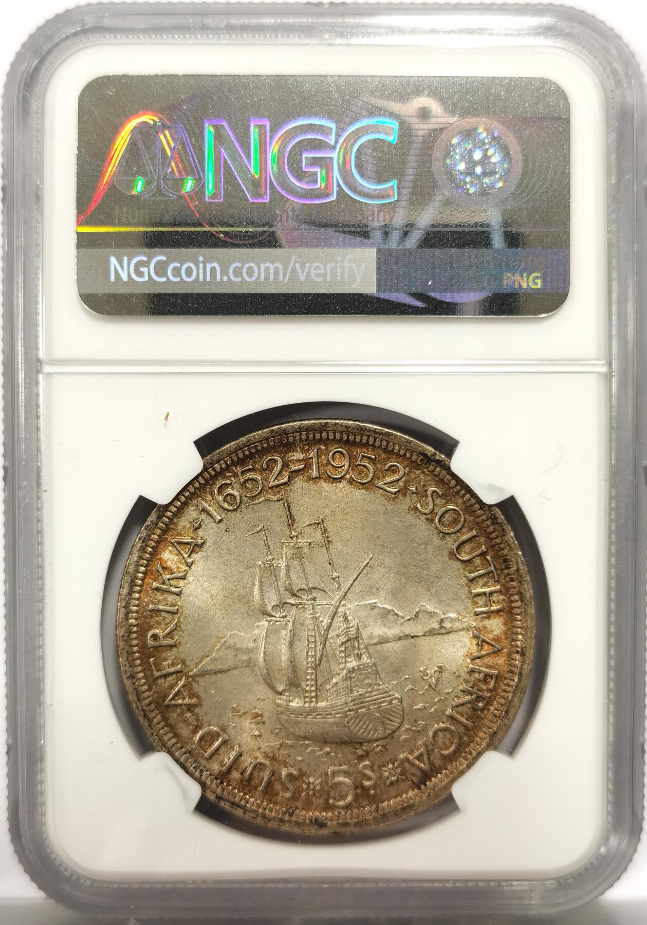 博洋堂世界钱币拍卖第150期（全场包邮） NGC MS64 南非1952年发现开普敦建城300周年5先令银币，环包浆美品，高分少见