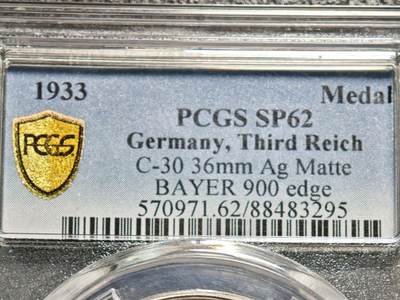 【德藏】世界币章拍卖第156期（拍品征集中~欢迎藏友联系） - 1933年 德国德国民族社会主义工人党党首锁链鹰银章 PCGS SP62 磨砂质感 （原图请查询PCGS评级官网）