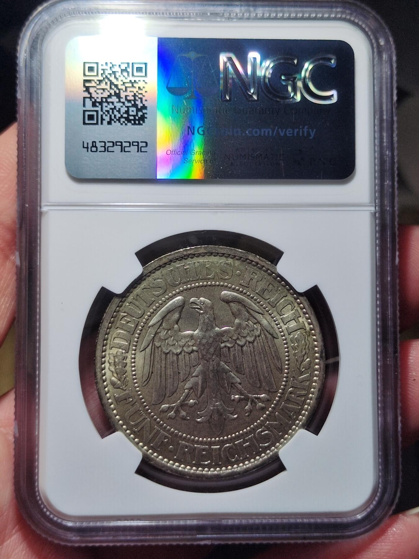 中外钱币第六场 NGC-MS64魏玛德国1927年橡树5马克