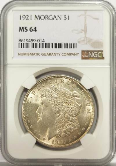 博洋堂世界钱币拍卖第150期（全场包邮） - NGC MS64 美国1921年摩根银币，双面淡黄油包浆，车轮光，BU好品。