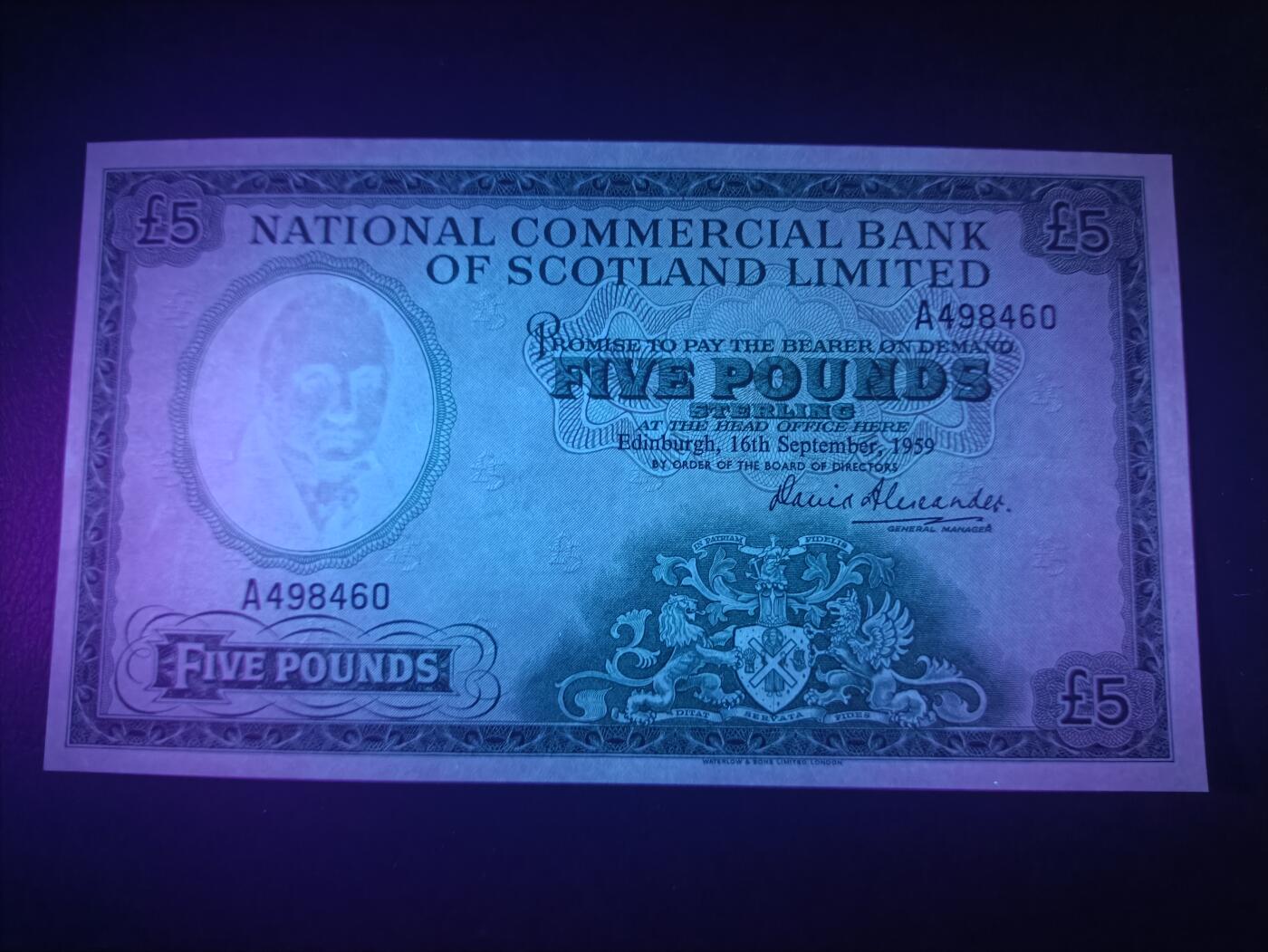 2025十二月第一期，总206期 苏格兰国家商业银行1959年5镑A冠AUNC，银行徽章和福斯铁桥，早期已停业银行少见中高面值