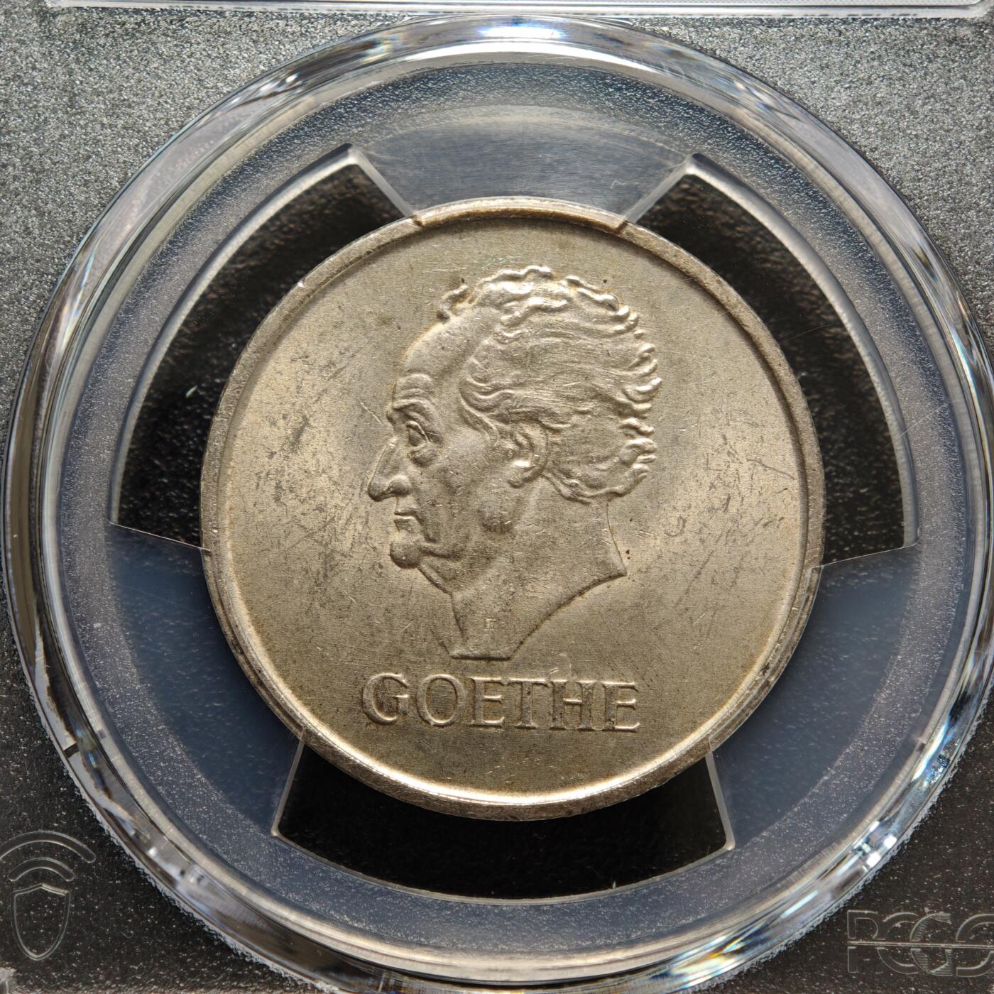 【德藏】世界币章拍卖第156期（拍品征集中~欢迎藏友联系） 1932年 德国魏玛歌德逝世百年3马克纪念银币 PCGS MS63 淡黄油包浆 状态极佳