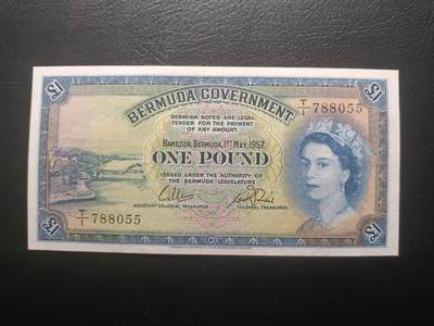 2025十二月第一期，总206期 - 英属百慕大1957年1镑UNC，稀有高品相经典品种，大冠女王和总督府徽章