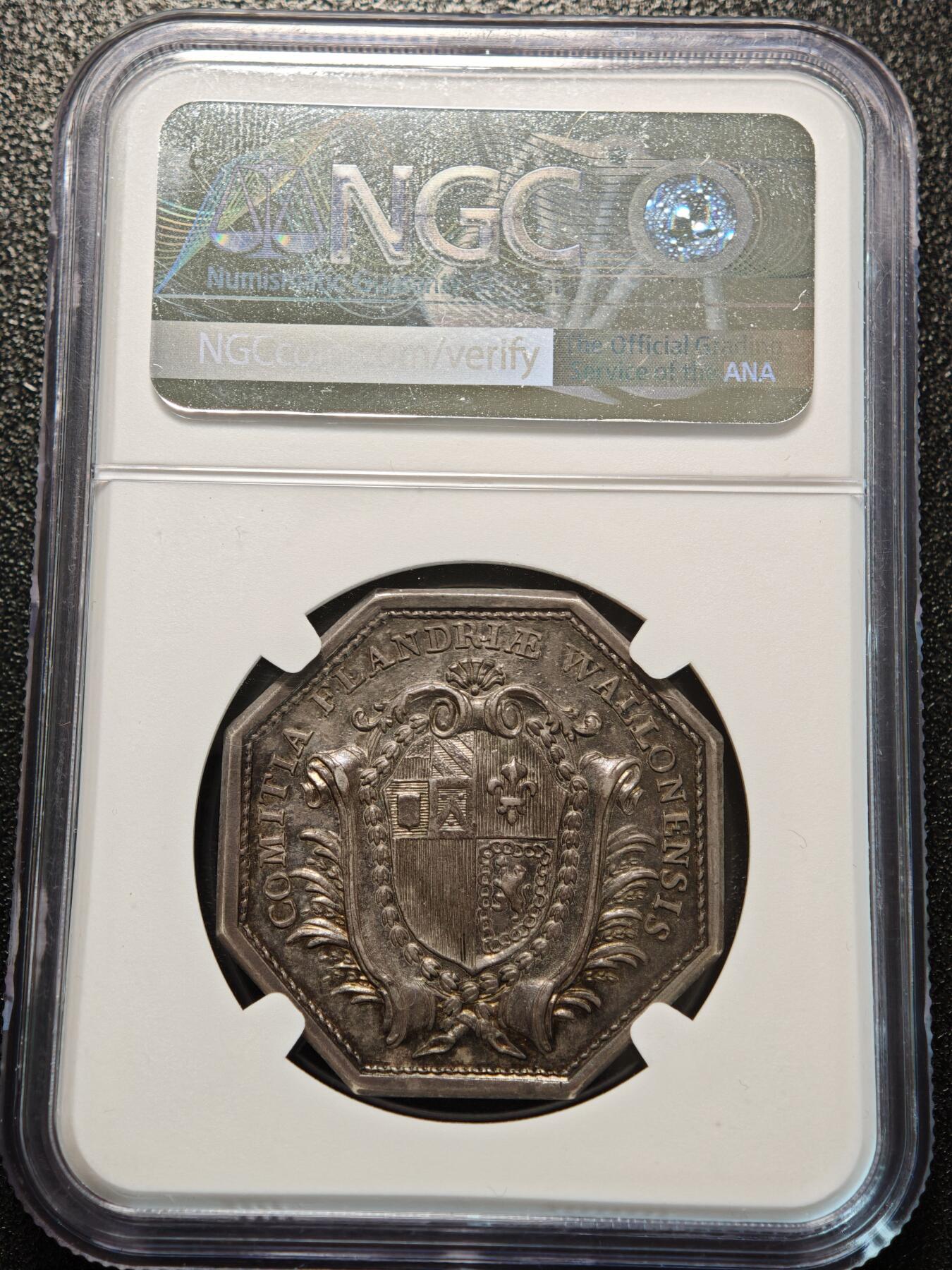 【德藏】世界币章拍卖第156期（拍品征集中~欢迎藏友联系） 19世纪 法国威尔士与佛兰德八角代用币银章 NGC AU53 原味包浆