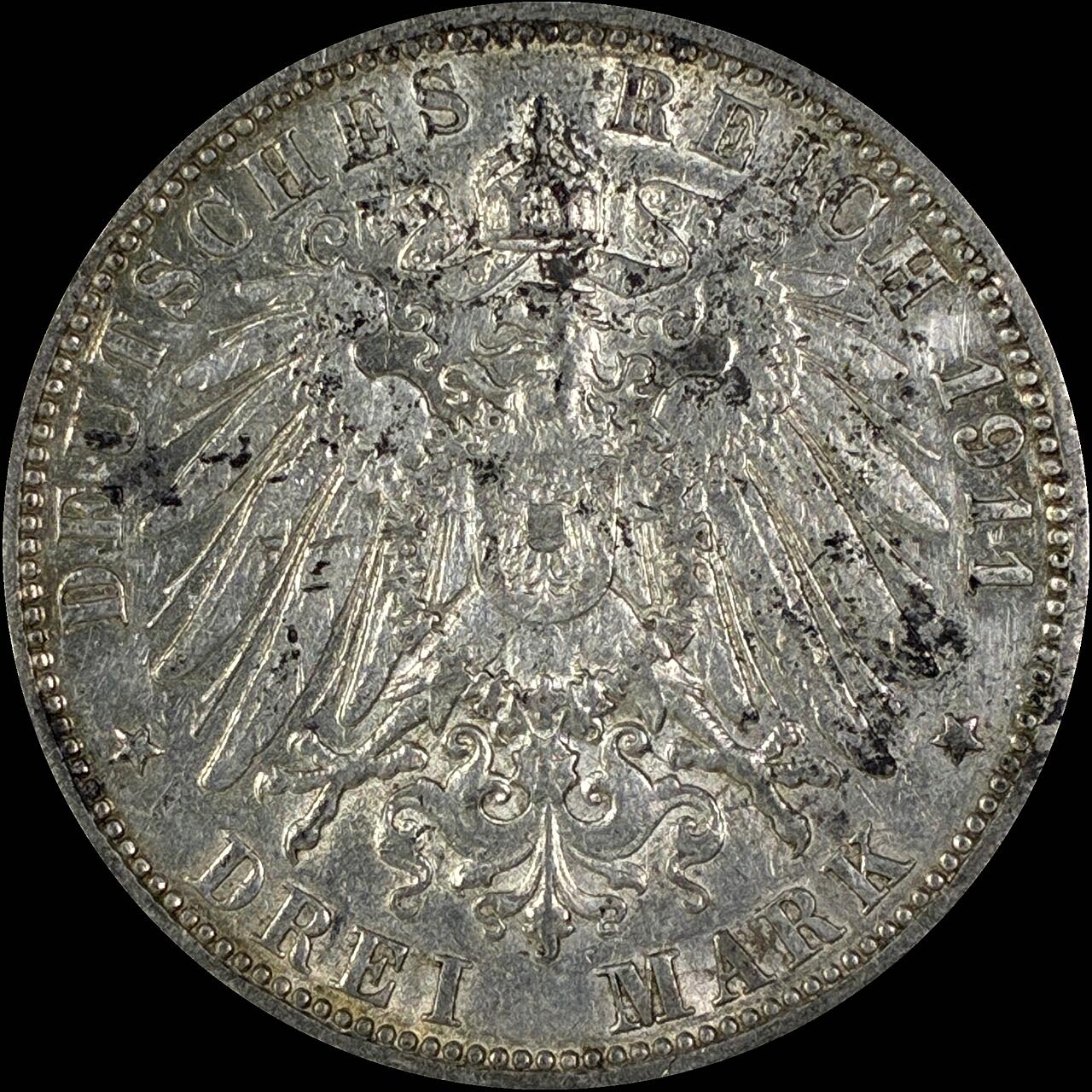 【雨安】【直播拍卖】【世界币章118期-裸币】2025-12-05 周五 19:30 保真 [裸币德国] Germany 德国 帝国 汉堡 3马克 1911年