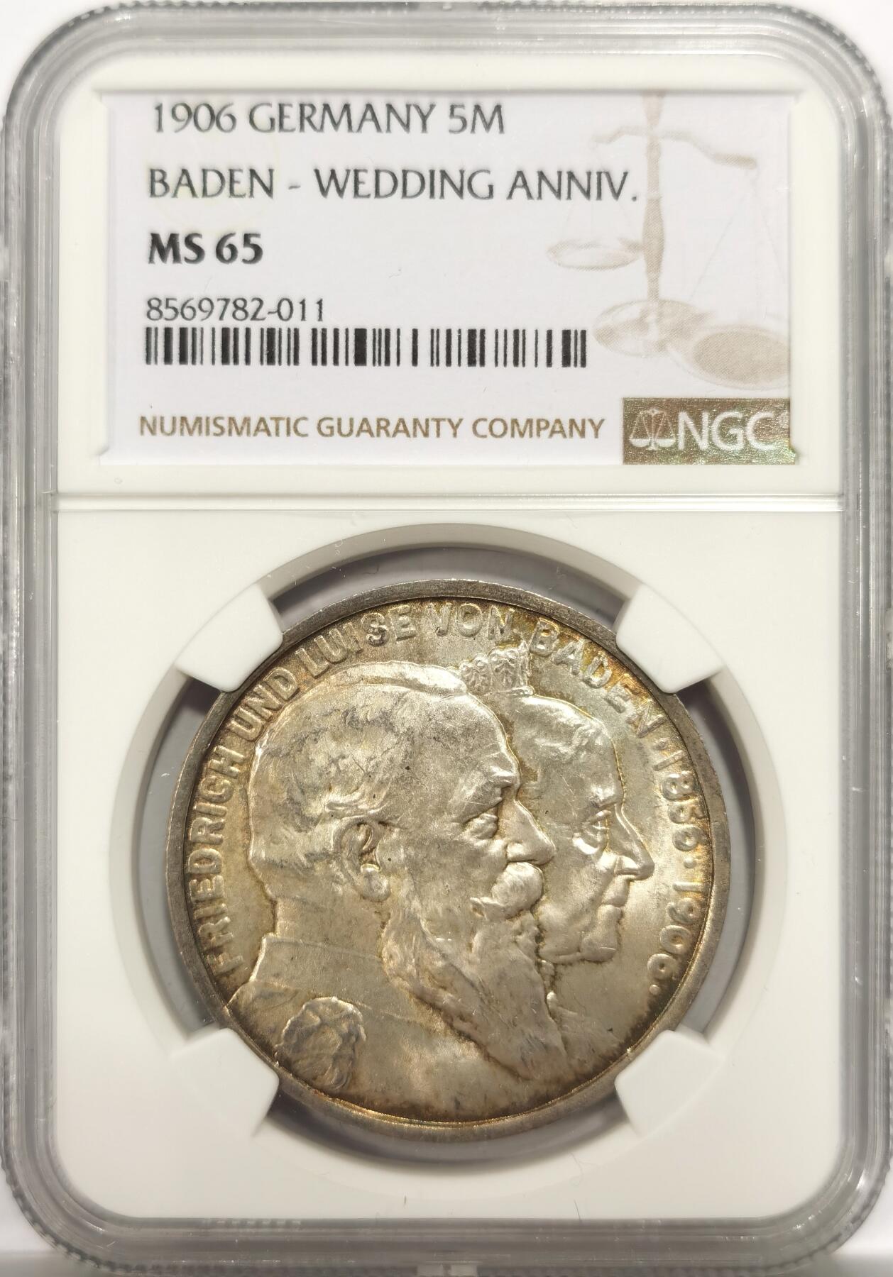 博洋堂世界钱币拍卖第150期（全场包邮） NGC MS65 德国巴登1906年金婚5马克银币，环彩