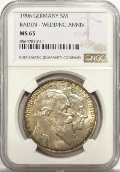 博洋堂世界钱币拍卖第150期（全场包邮） - NGC MS65 德国巴登1906年金婚5马克银币，环彩