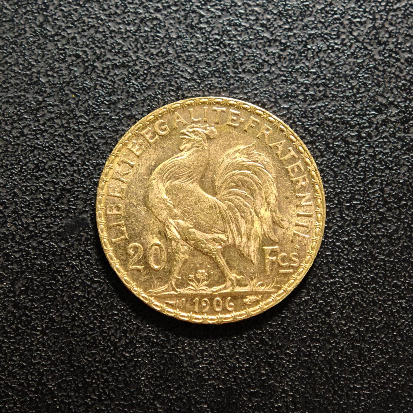 【德藏】世界币章拍卖第156期（拍品征集中~欢迎藏友联系） 1906年 法国第三共和国20法郎金币 900金 原光十足 直径约：21.1mm；重约：6.4g