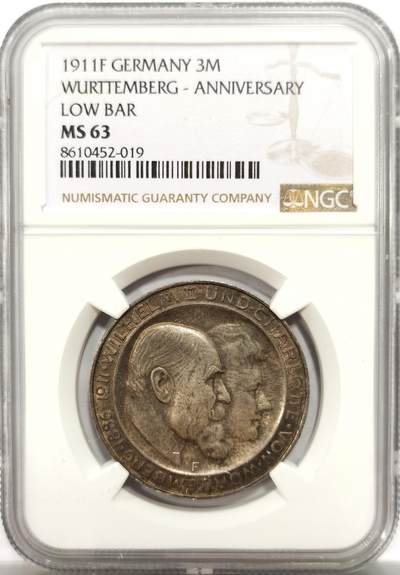 博洋堂世界钱币拍卖第150期（全场包邮） NGC MS63 德国符腾堡1911年F版3马克银币，非常漂亮的灰包浆，油亮质感，尤其正面状态非常好，值得收藏