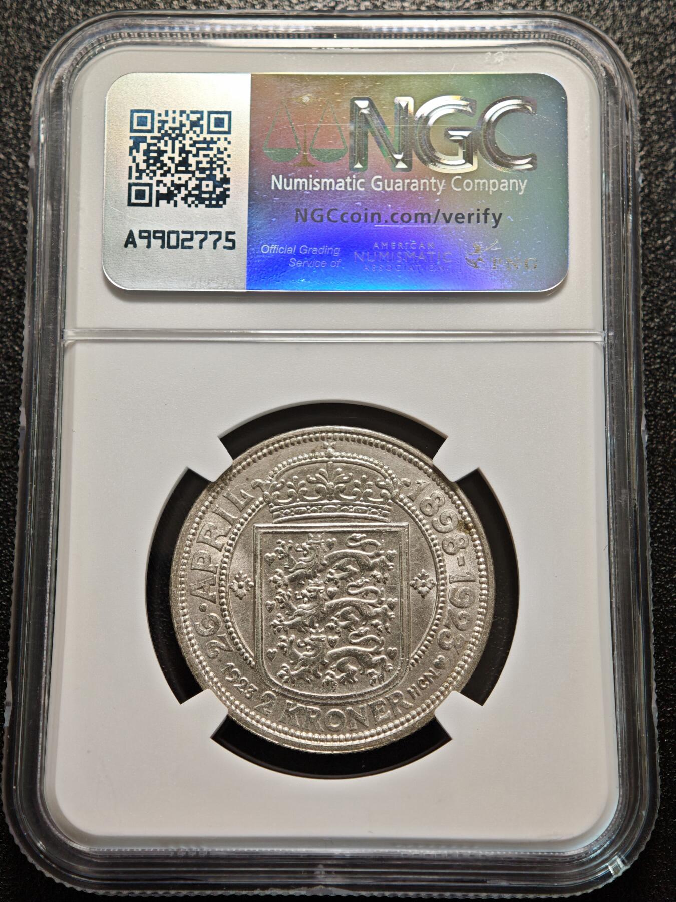 【德藏】世界币章拍卖第156期（拍品征集中~欢迎藏友联系） 1923年 丹麦克里斯蒂安十世与亚历山德琳·奥古斯特女公爵结婚25周年2克朗纪念银币 NGC MS65 状态极佳 原光十足