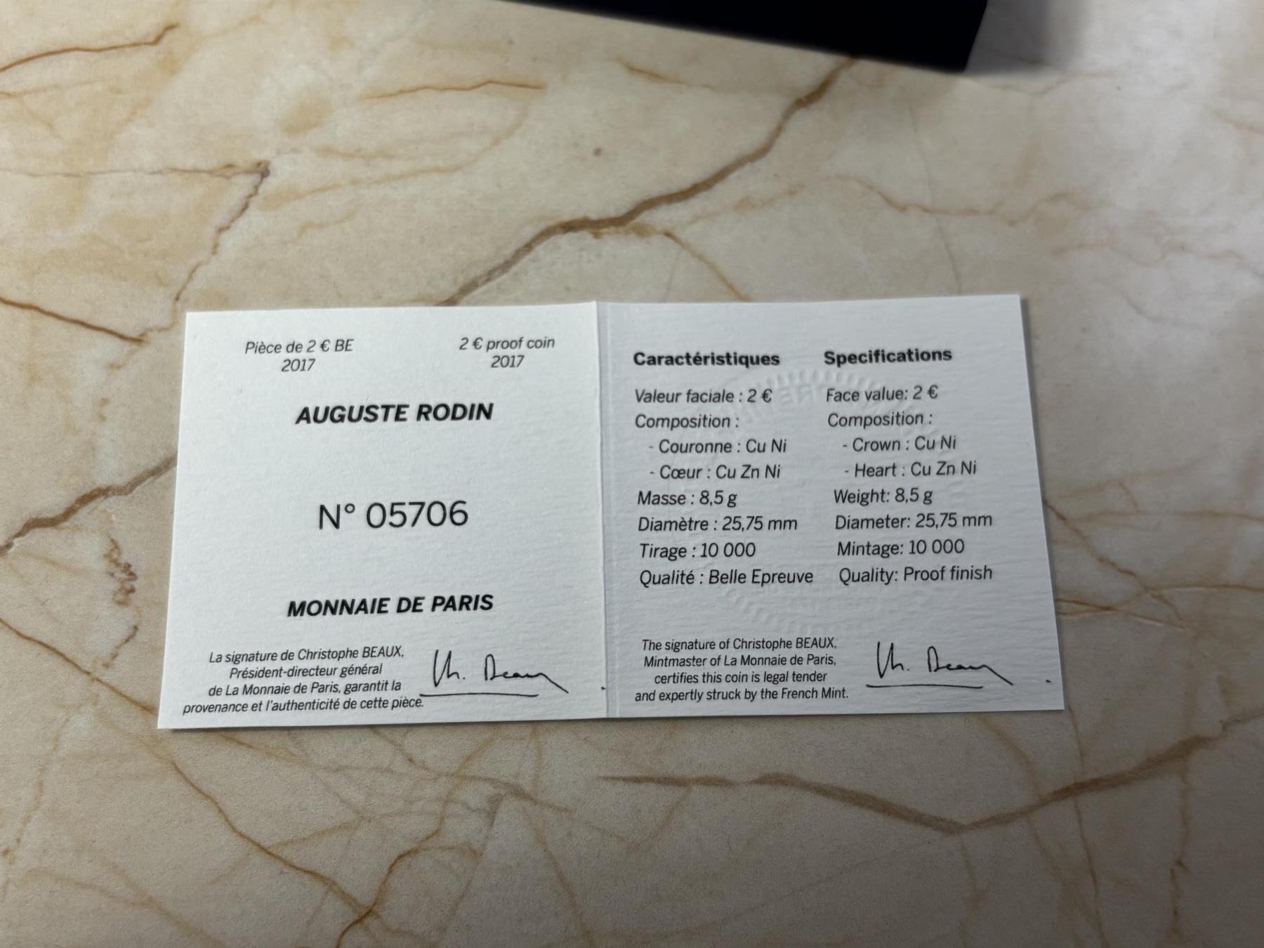 第184期拍卖 法国2017年雕塑家罗丹逝世2欧元精制双金属纪念币，发行10000枚