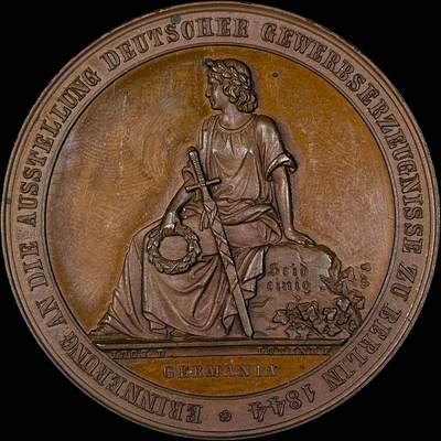 【雨安】【直播拍卖】【世界币章118期-裸币】2025-12-05 周五 19:30 保真 - [章] Germany 章 德国 1844年 德国工业产品博览会 带着皇冠和剑的日耳曼尼亚坐在铁路桥上火车上 铜章 45mm