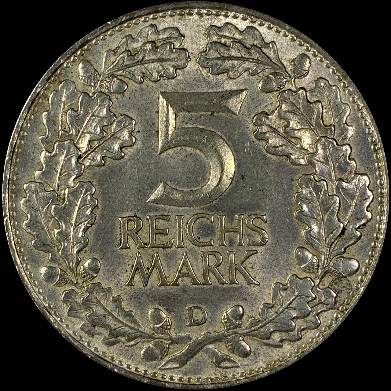 【雨安】【直播拍卖】【世界币章118期-裸币】2025-12-05 周五 19:30 保真 [裸币德国] Germany 德国 魏玛 5马克 KM#47 莱茵兰千年 1925年