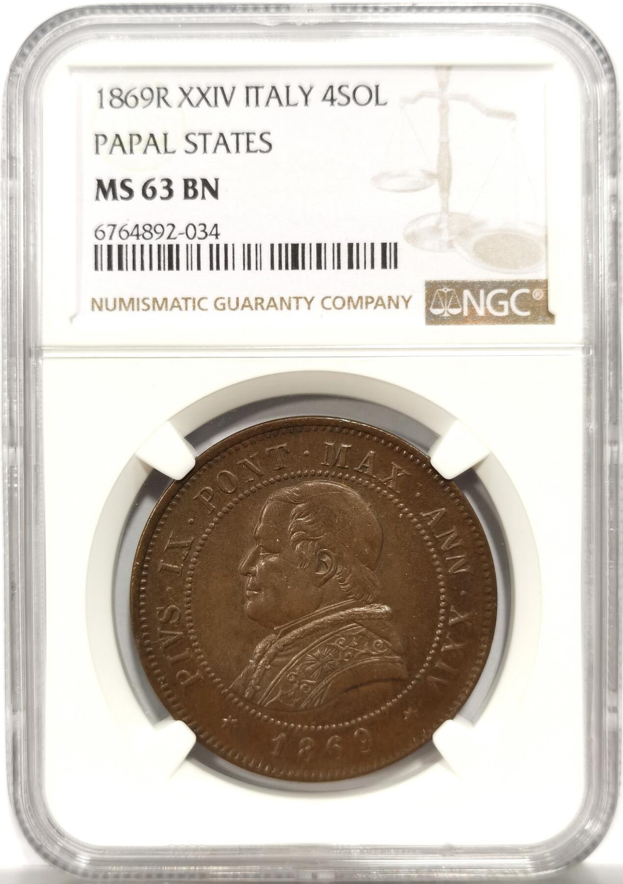 博洋堂世界钱币拍卖第150期（全场包邮） NGC MS63BN 意大利教皇国1969年4Sol大铜币，仅有1枚更高分