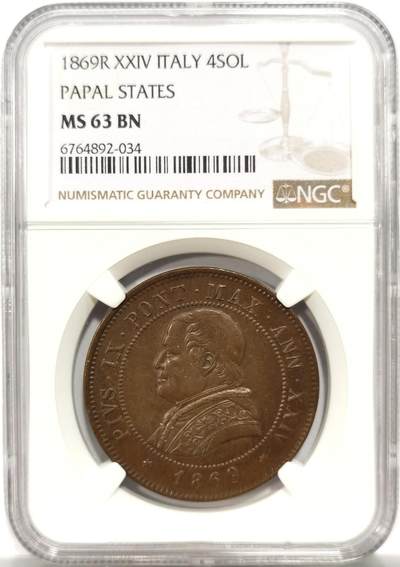 博洋堂世界钱币拍卖第150期（全场包邮） - NGC MS63BN 意大利教皇国1969年4Sol大铜币，仅有1枚更高分