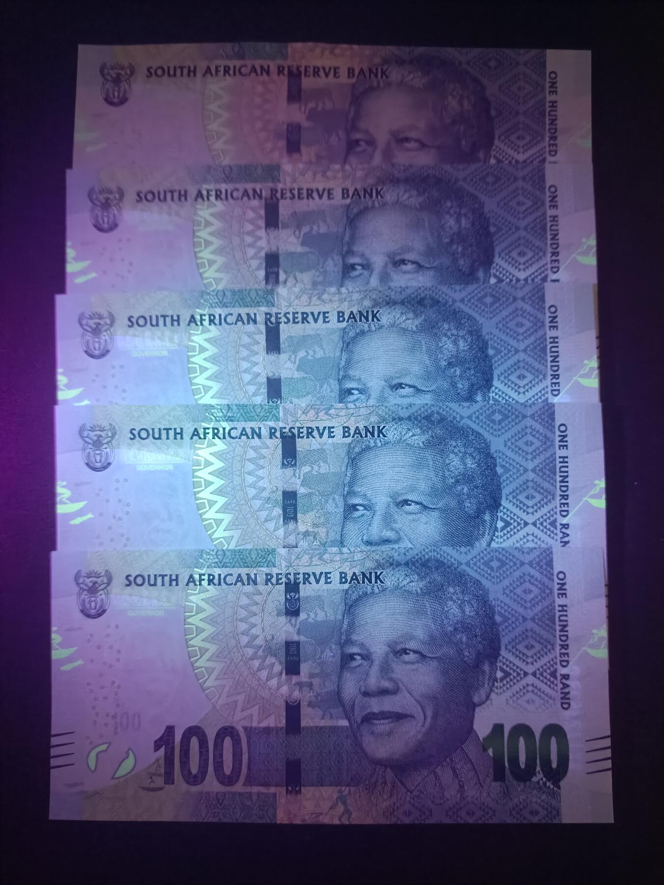 2025十二月第一期，总206期 南非2014版100兰特UNC批量五张，曼德拉和非洲野牛