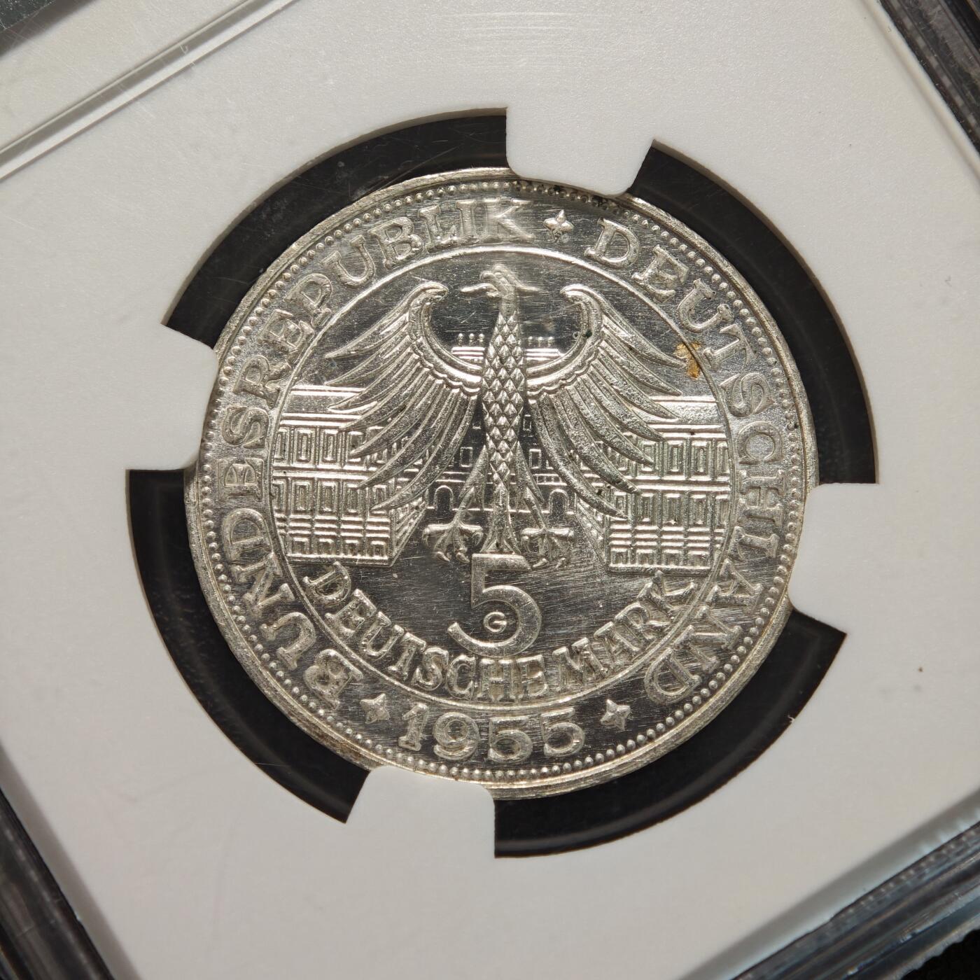 【德藏】世界币章拍卖第156期（拍品征集中~欢迎藏友联系） 1955年 德国巴登边区伯爵路德维希·威廉诞辰300周年5马克纪念银币 NGC MS63 状态极佳 原光十足