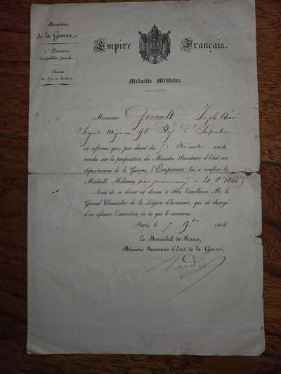 凯旋世界勋赏（第20期）（欢迎送拍）（对拍品有疑问请询问客服，不接受到手刀，出价默认拍品品相。请认真阅读拍卖规则！出价默认已认可！）（收到货请录制开箱视频，无视频概不处理问题。） - 1864年法兰西第二帝国时期的军事奖章授勋证书，法国元帅、战争部国务秘书（签名对应的是当时的战争部国务秘书 埃德蒙·勒伯夫（Edmond Leboeuf），他同时拥有法国元帅军衔）