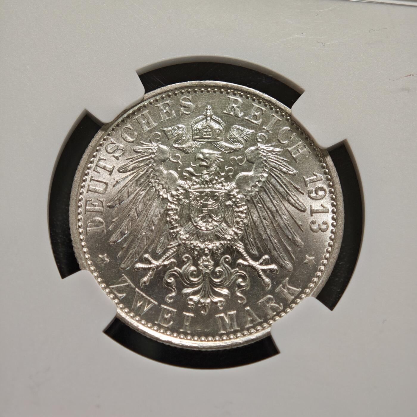 【德藏】世界币章拍卖第156期（拍品征集中~欢迎藏友联系） 1913年 德国普鲁士威廉二世军装2马克银币 NGC MS64 转光极强 原光犀利
