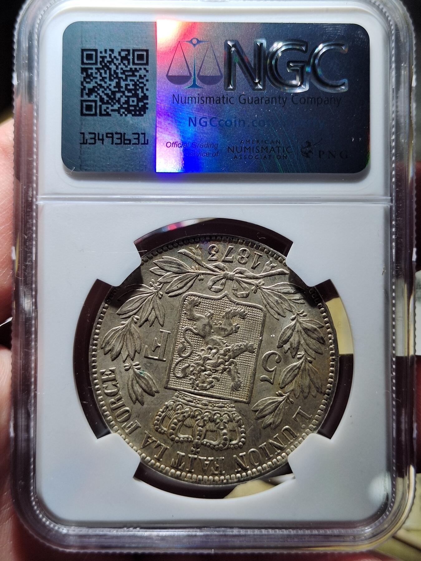 中外钱币第六场 NGC-AU58比利时1873年5法郎