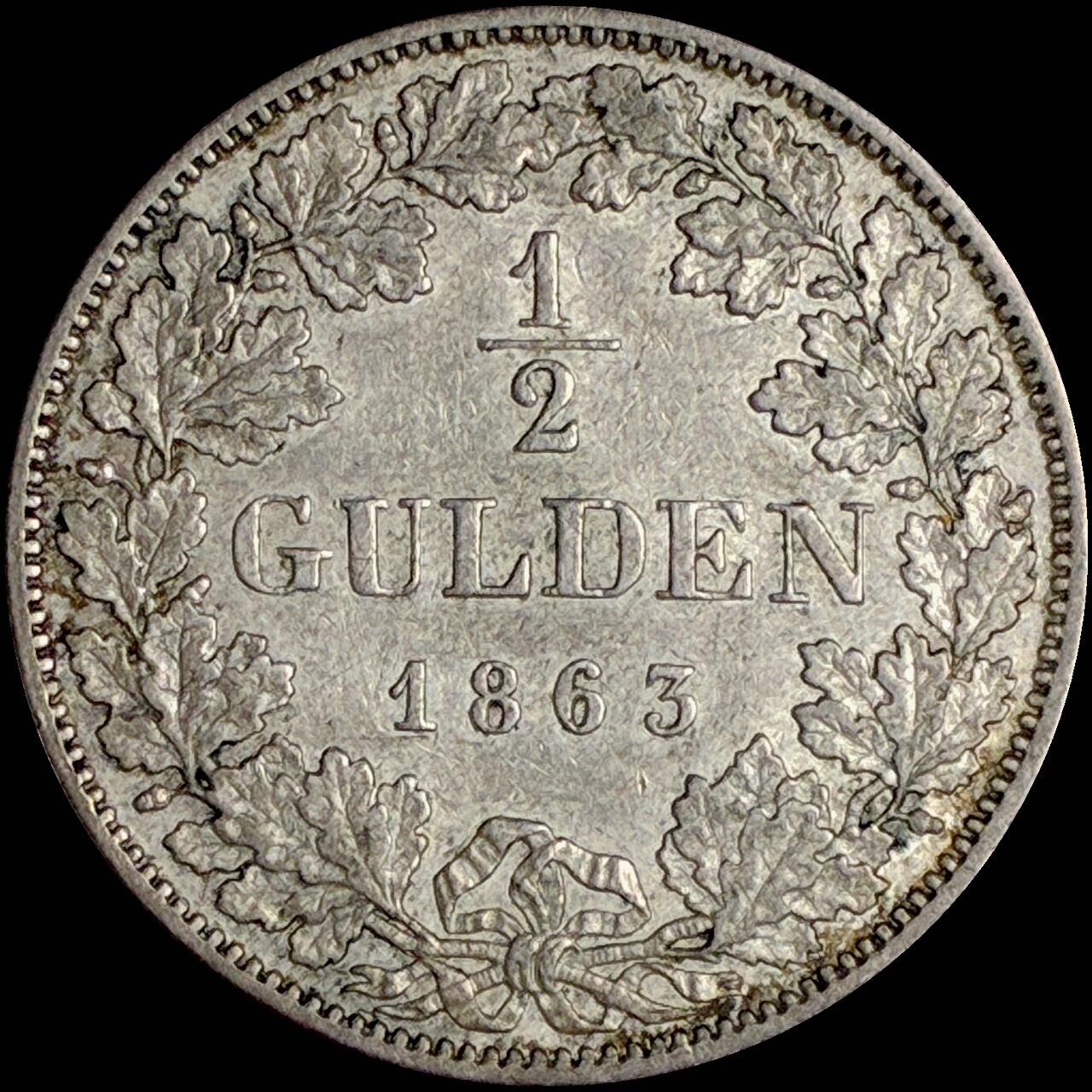 【雨安】【直播拍卖】【世界币章118期-裸币】2025-12-05 周五 19:30 保真 [裸币德国] Germany 德国 德意志 1/2盾 Bavaria巴伐利亚 KM#0825 (1848-1864) 马克西米利安二世 1863年