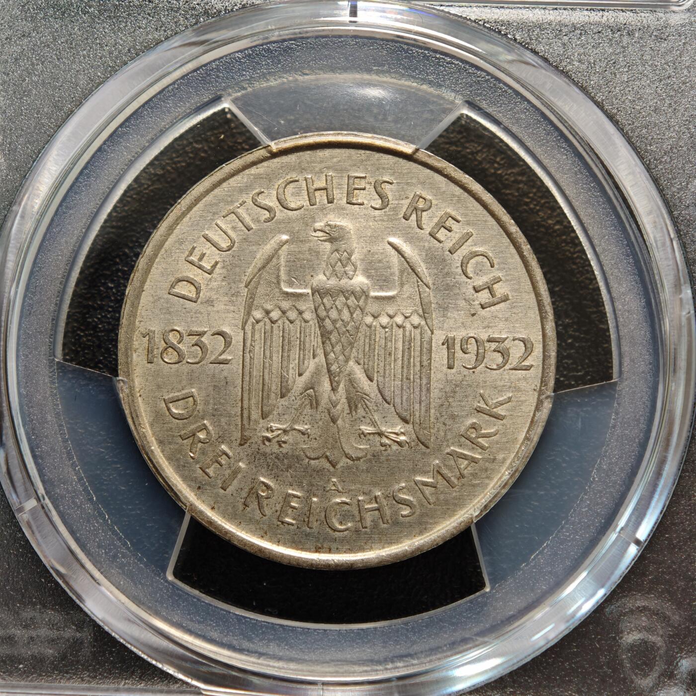 【德藏】世界币章拍卖第156期（拍品征集中~欢迎藏友联系） 1932年 德国魏玛歌德逝世百年3马克纪念银币 PCGS MS63 淡黄油包浆 状态极佳