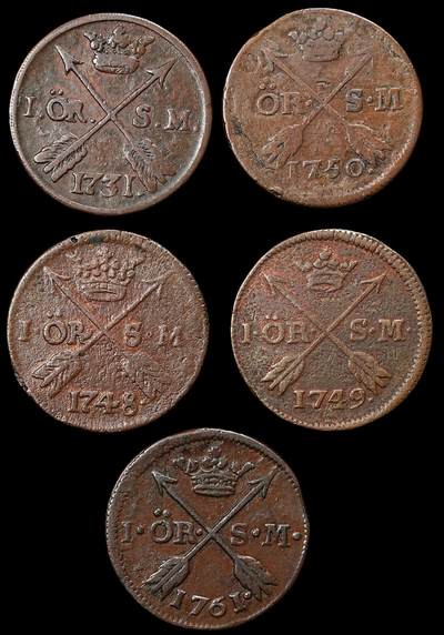 修遠堂世界钱币第九十六期 - 18世纪瑞典1欧尔铜币5枚
