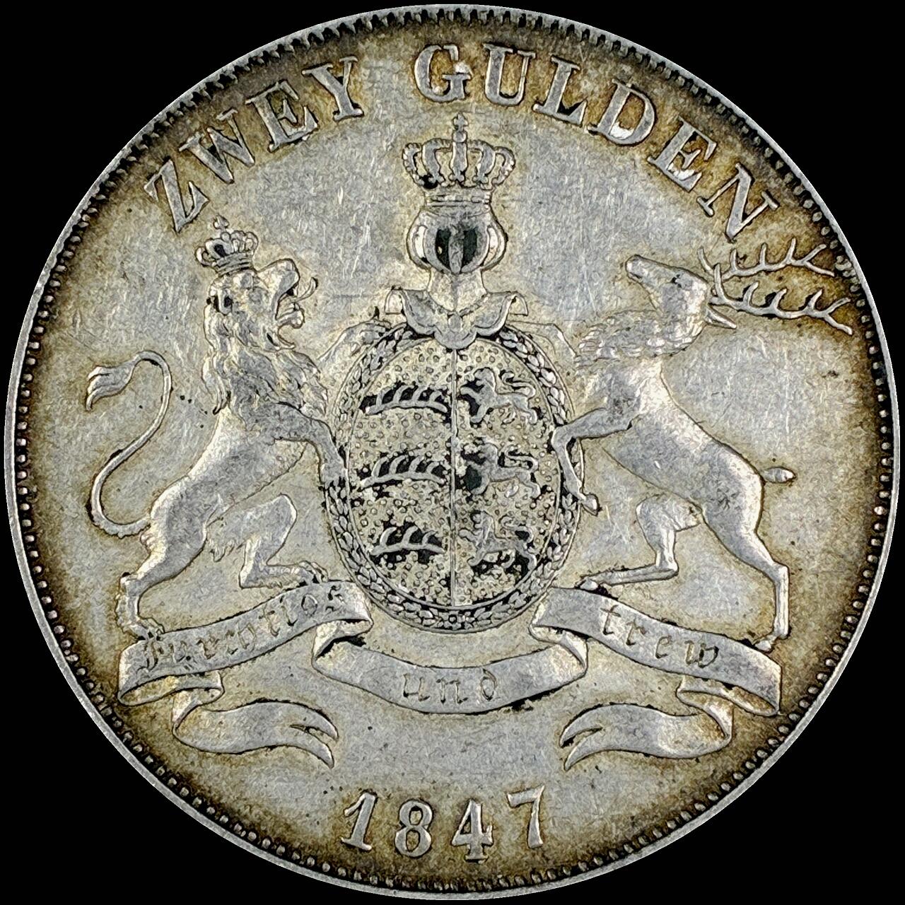 【雨安】【直播拍卖】【世界币章118期-裸币】2025-12-05 周五 19:30 保真 [裸币德国] Germany 德国 德意志 2盾 Wurttemberg符腾堡 Thun.437 KM#0595 (1845-1856) 狮鹿 1847年