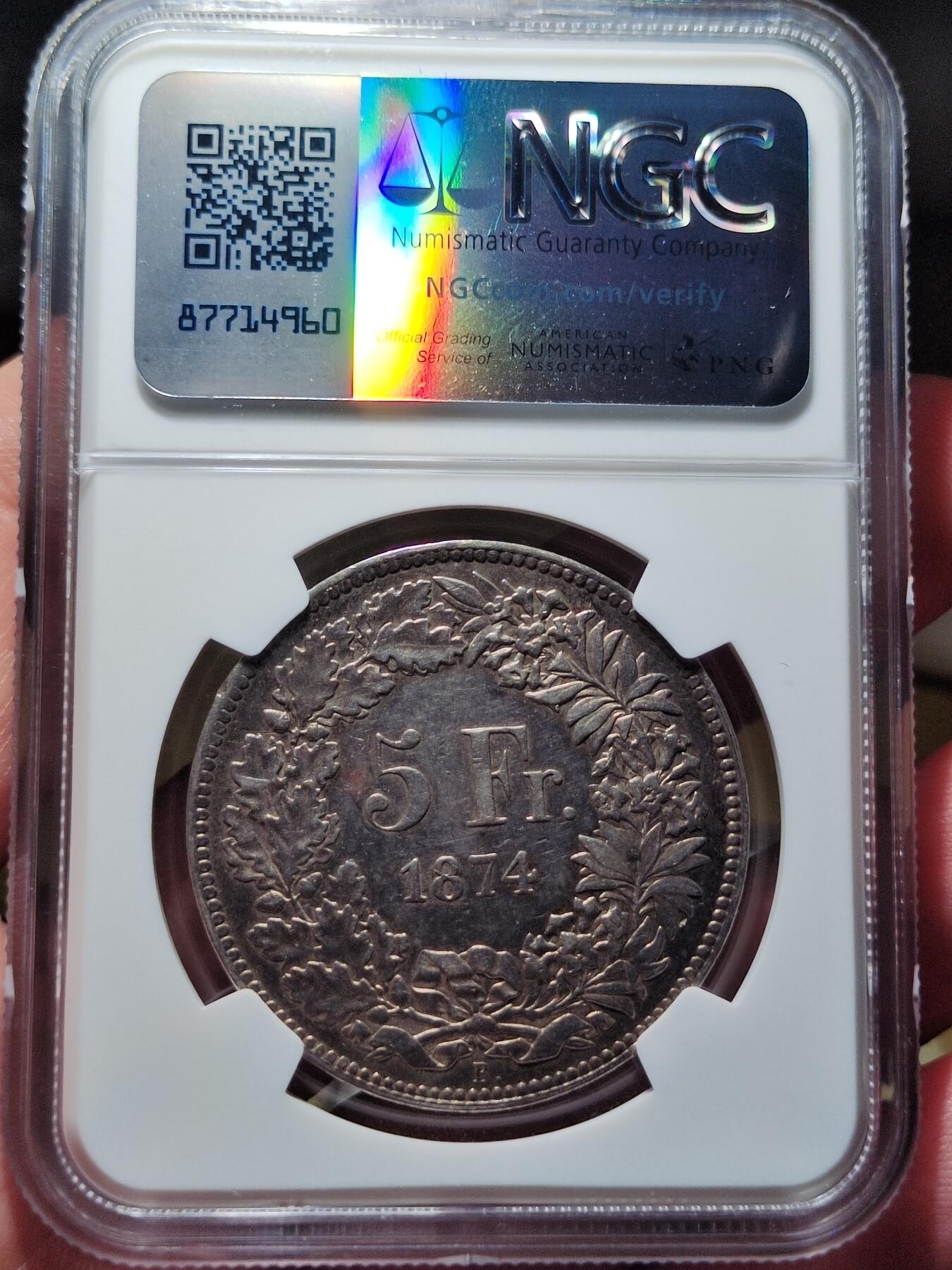 中外钱币第六场 NGC-AU50瑞士1874年5法郎B.版