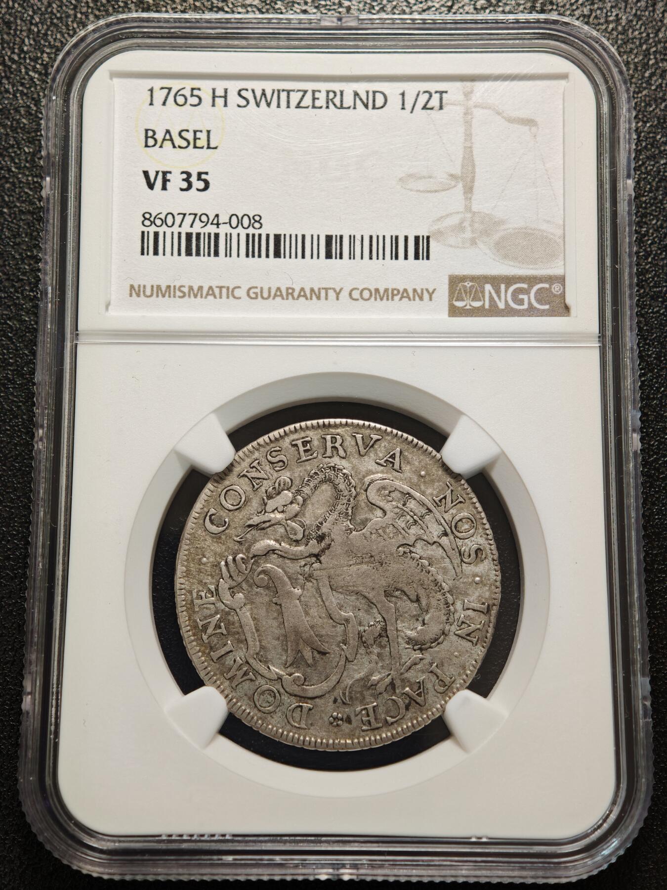 【德藏】世界币章拍卖第156期（拍品征集中~欢迎藏友联系） 冠军分！1765年 瑞士巴塞尔1/2老泰勒银币 NGC VF35 老泰勒出分不易 原味好状态