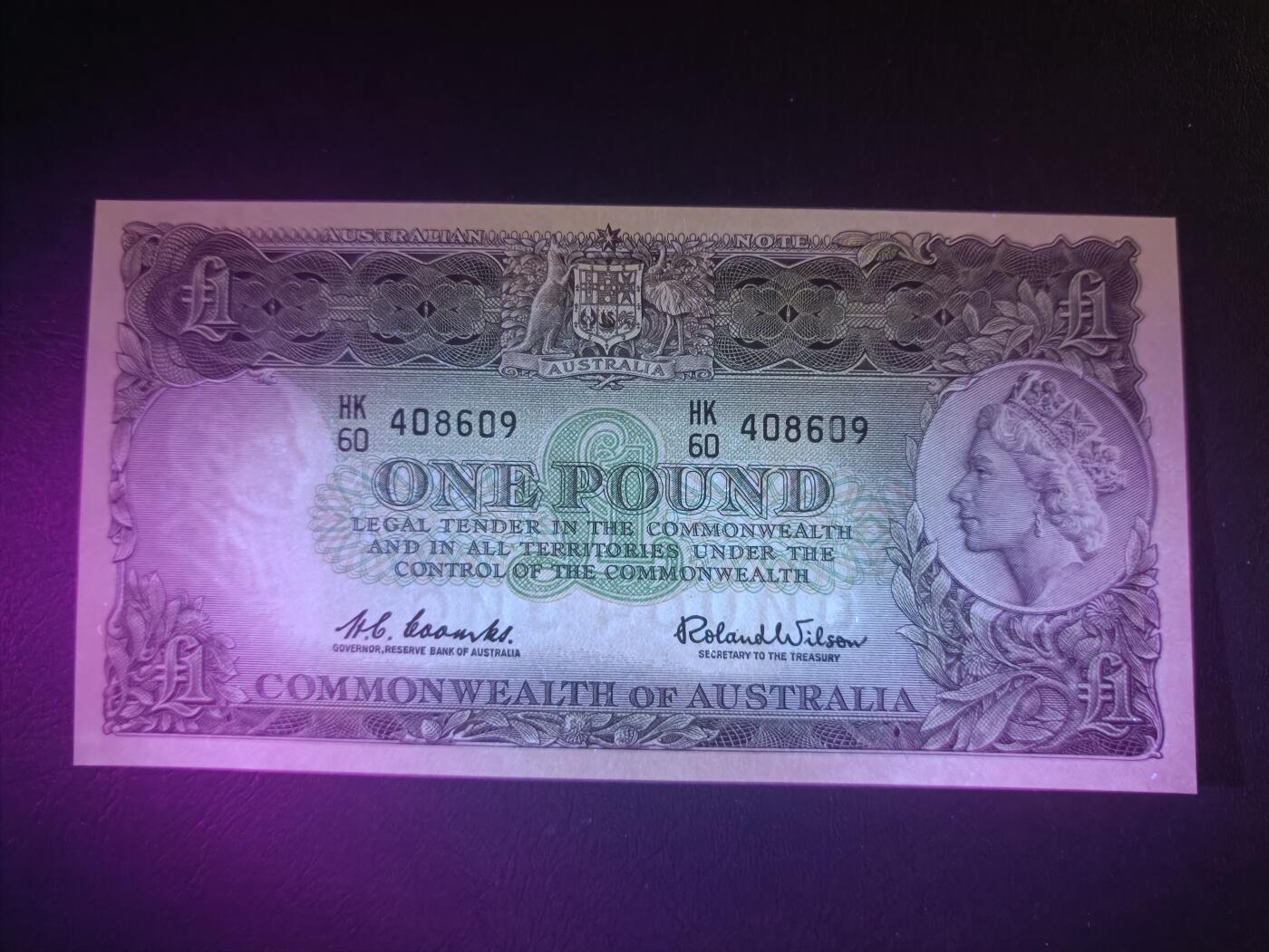 2025十二月第一期，总206期 澳大利亚1953版1镑UNC-，女王侧像和三大发现大洋洲探险家浮雕