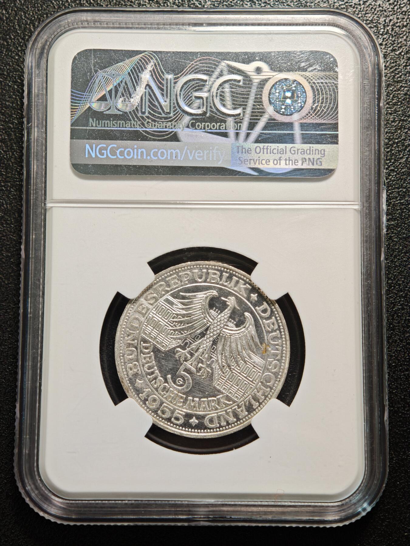 【德藏】世界币章拍卖第156期（拍品征集中~欢迎藏友联系） 1955年 德国巴登边区伯爵路德维希·威廉诞辰300周年5马克纪念银币 NGC MS63 状态极佳 原光十足