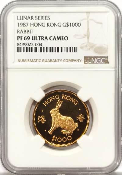 博洋堂世界钱币拍卖第150期（全场包邮） - NGC PF69UC 原盒原证书 1987年香港兔年精制生肖金币 数量远少于普制 15.98克 917 金价持续强劲 黄金的抗风险能力还在不断验证 盒子连接处有脱落