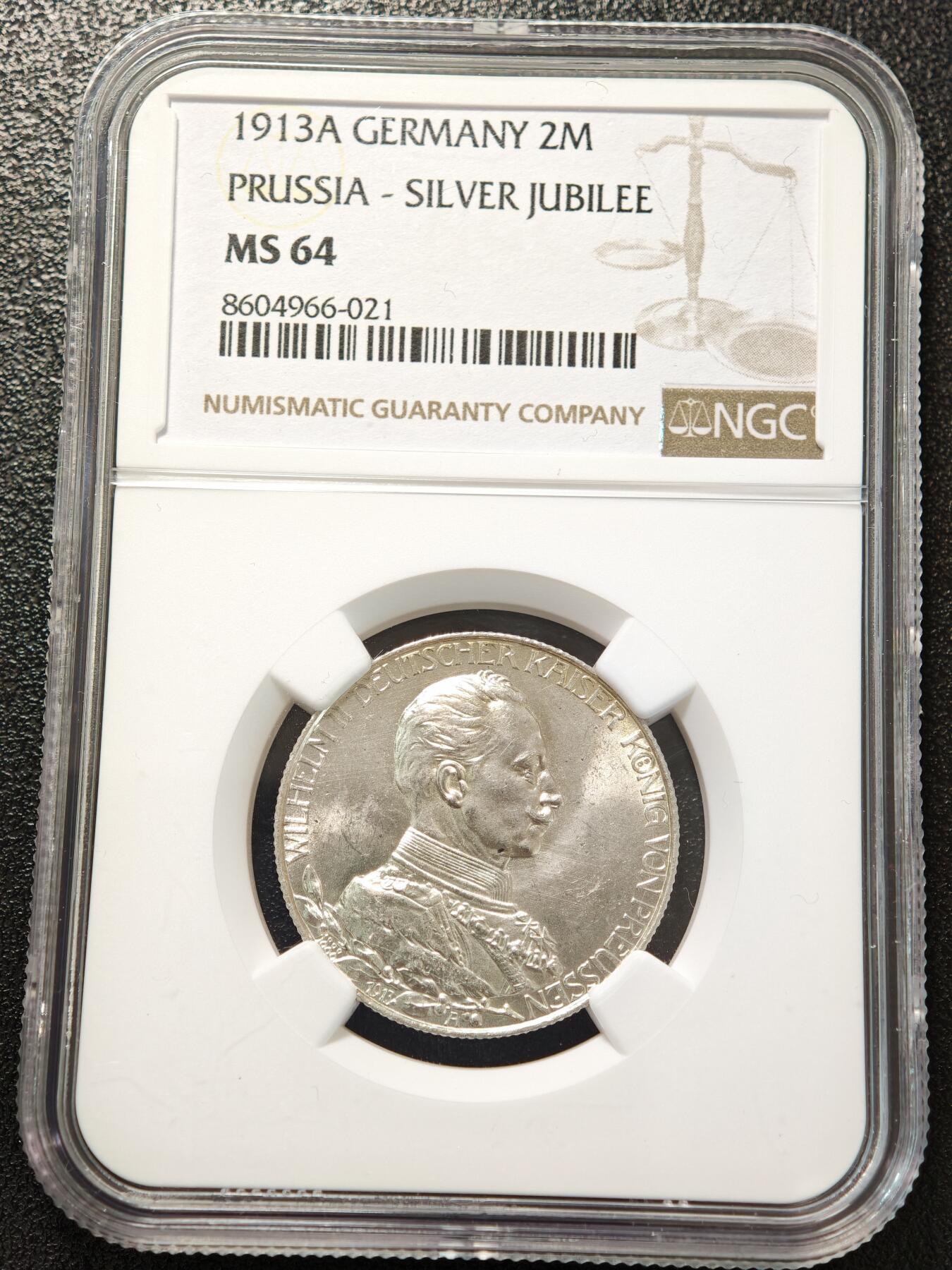 【德藏】世界币章拍卖第156期（拍品征集中~欢迎藏友联系） 1913年 德国普鲁士威廉二世军装2马克银币 NGC MS64 转光极强 原光犀利