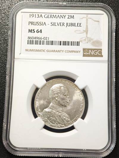 【德藏】世界币章拍卖第156期（拍品征集中~欢迎藏友联系） - 1913年 德国普鲁士威廉二世军装2马克银币 NGC MS64 转光极强 原光犀利