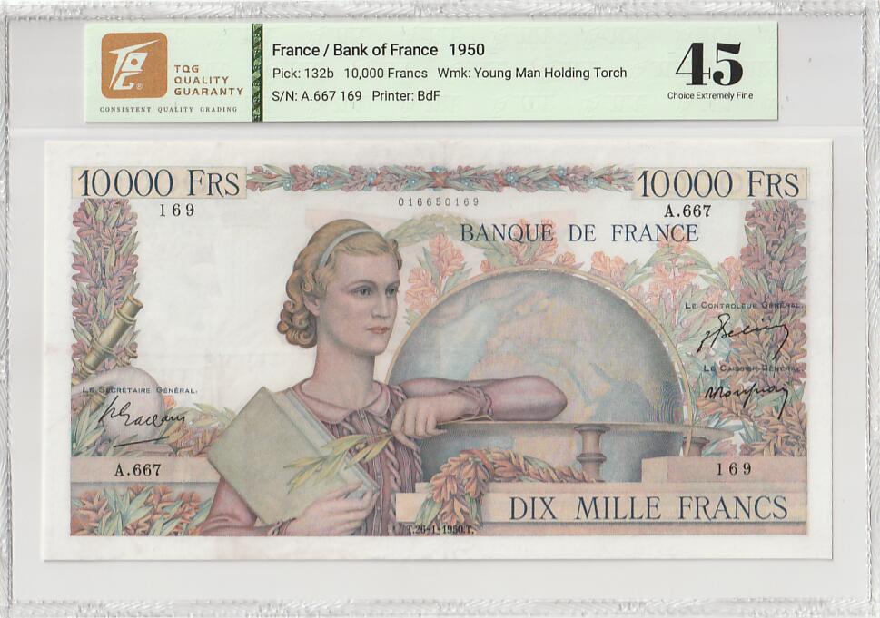 2025十二月第一期，总206期 法国1952年10000法郎TQG45分倒置号169，经典的大票幅大地球设计，体现了战后法国依旧想维持全球殖民帝国的迷梦，但风起云涌的殖民地独立运动击碎了这一切，即是讽刺但也造就了作为这一版本最大面值的经典品种