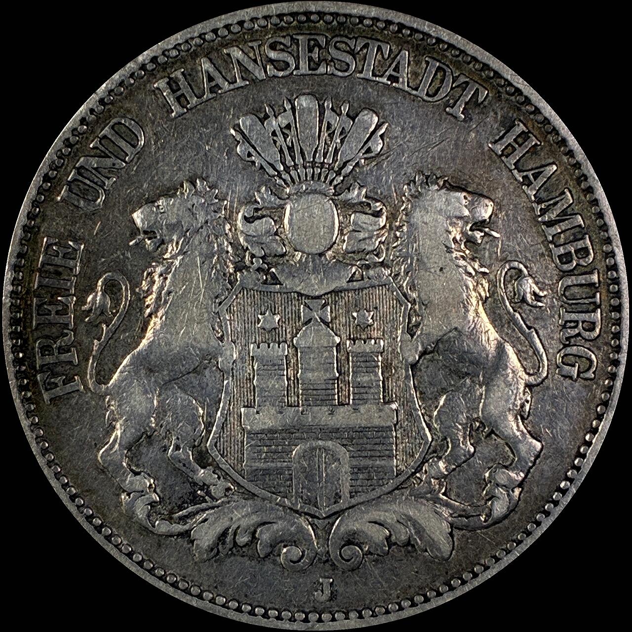 【雨安】【直播拍卖】【世界币章118期-裸币】2025-12-05 周五 19:30 保真 [裸币德国] Germany 德国 帝国 汉堡 5马克 短翅 1876年