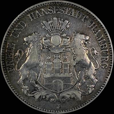 【雨安】【直播拍卖】【世界币章118期-裸币】2025-12-05 周五 19:30 保真 - [裸币德国] Germany 德国 帝国 汉堡 5马克 短翅 1876年