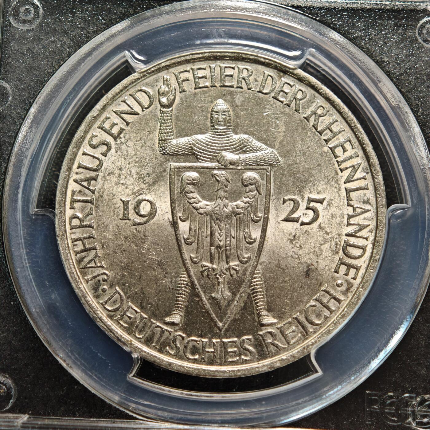 【德藏】世界币章拍卖第156期（拍品征集中~欢迎藏友联系） 1925年 德国莱茵千年5马克大银币 PCGS MS62 原光十足 装极强